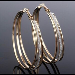 + Gold Tone CZ Diamond Hoop Earrings